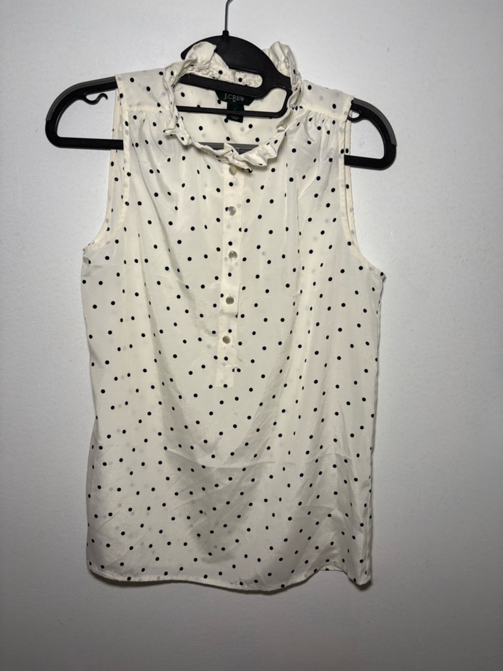 J. Crew Cream Polka Dot Sleeveless Ruffle Neck Blouse